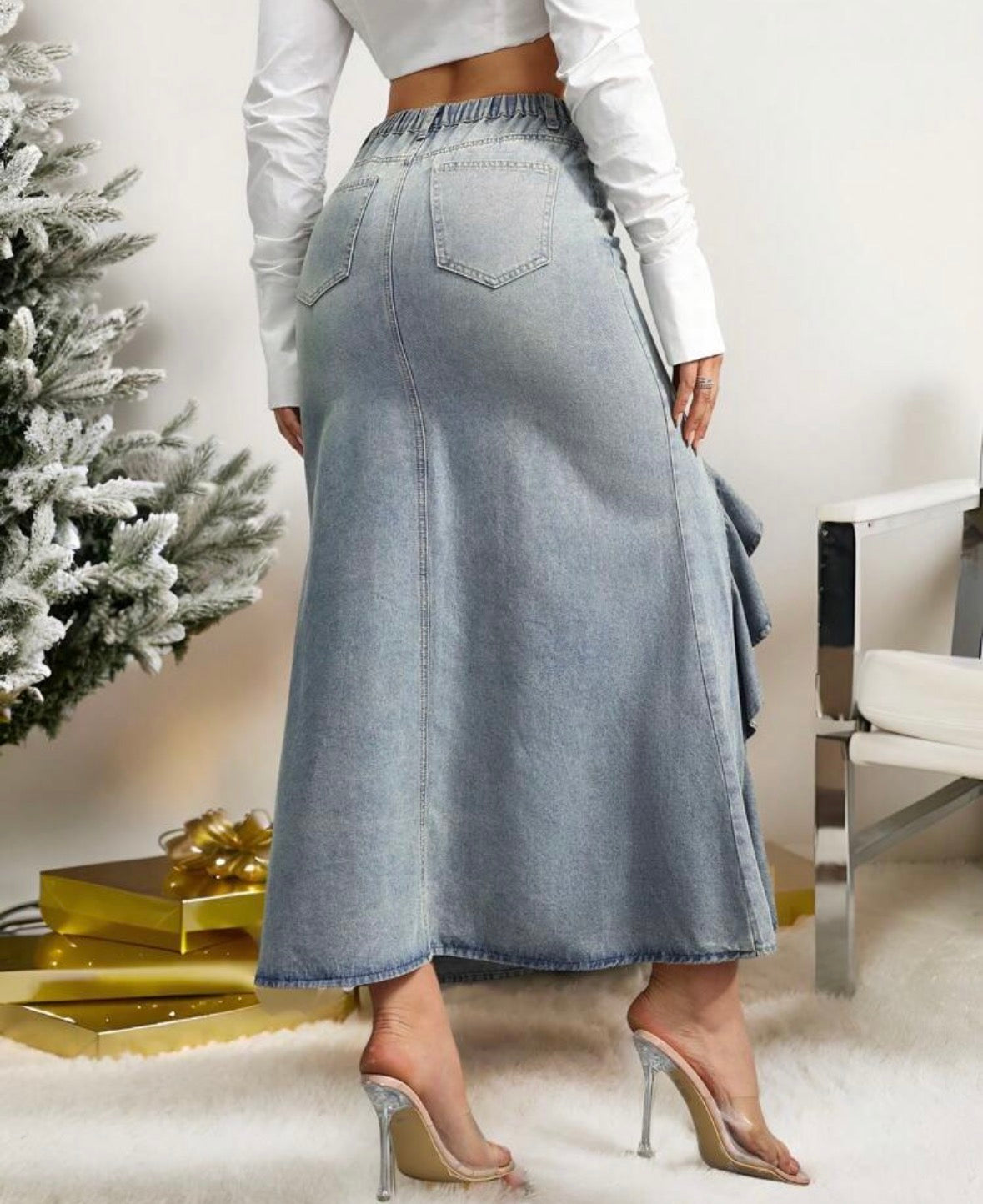 FZ Women's Ruffle Split Thigh Denim Skirt