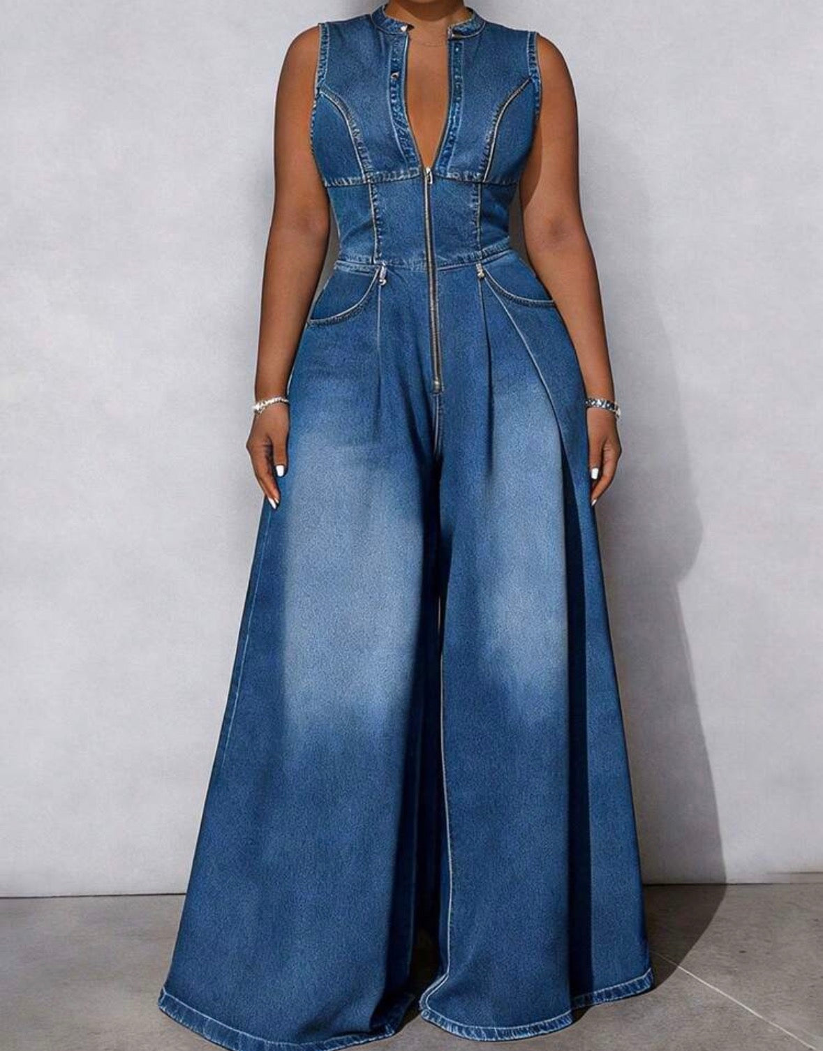 FZ Women's Sleeveless Floor-Length Pleated Waist Wide-Leg Denim Jumpsuit