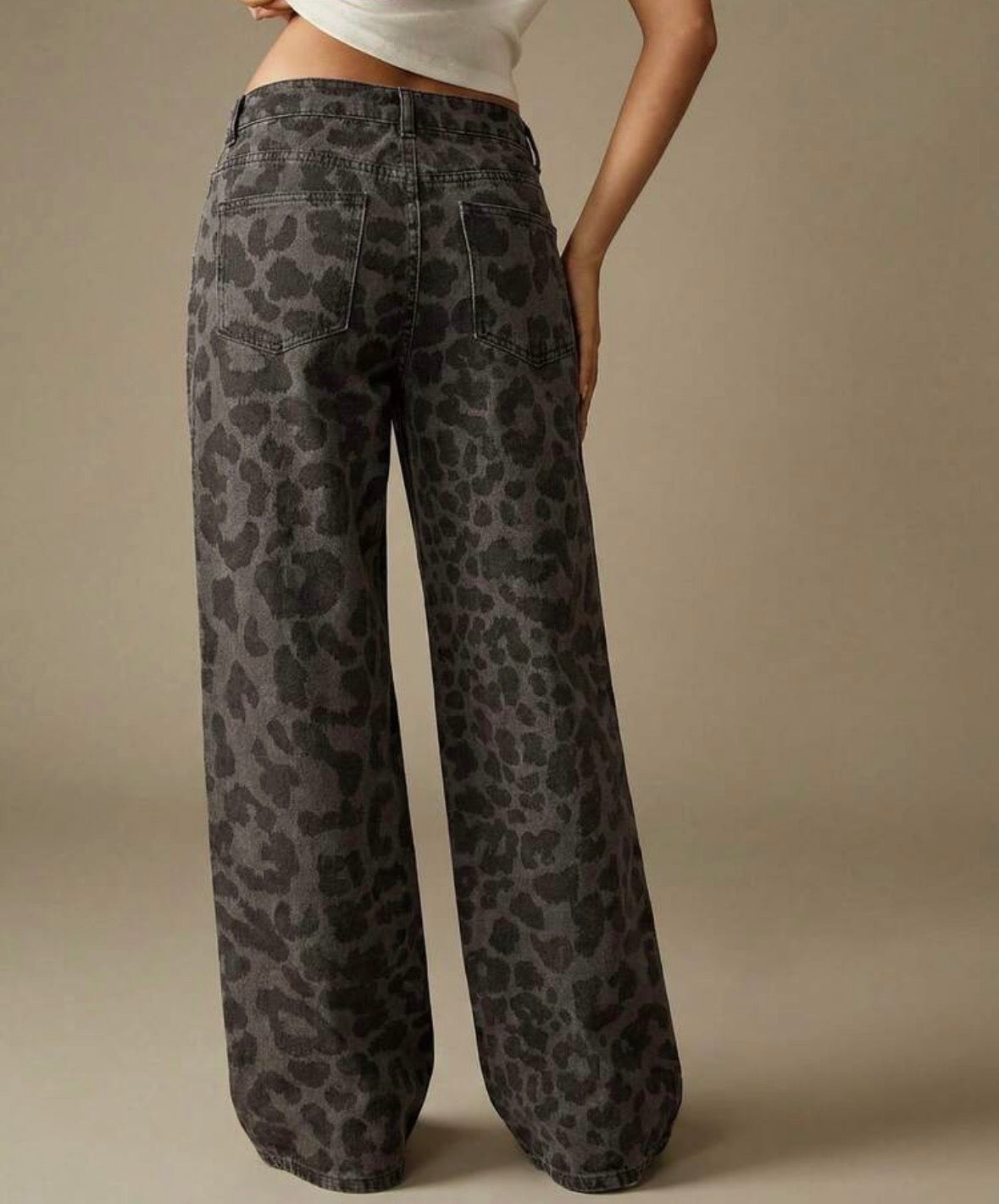 FZ Women's Mid Rise Leopard Print Wide Leg Denim Pants