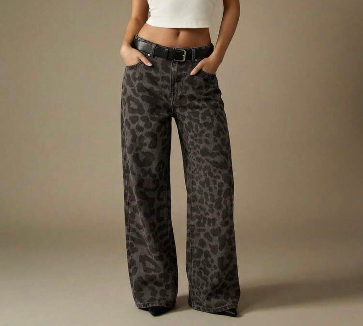 FZ Women's Mid Rise Leopard Print Wide Leg Denim Pants