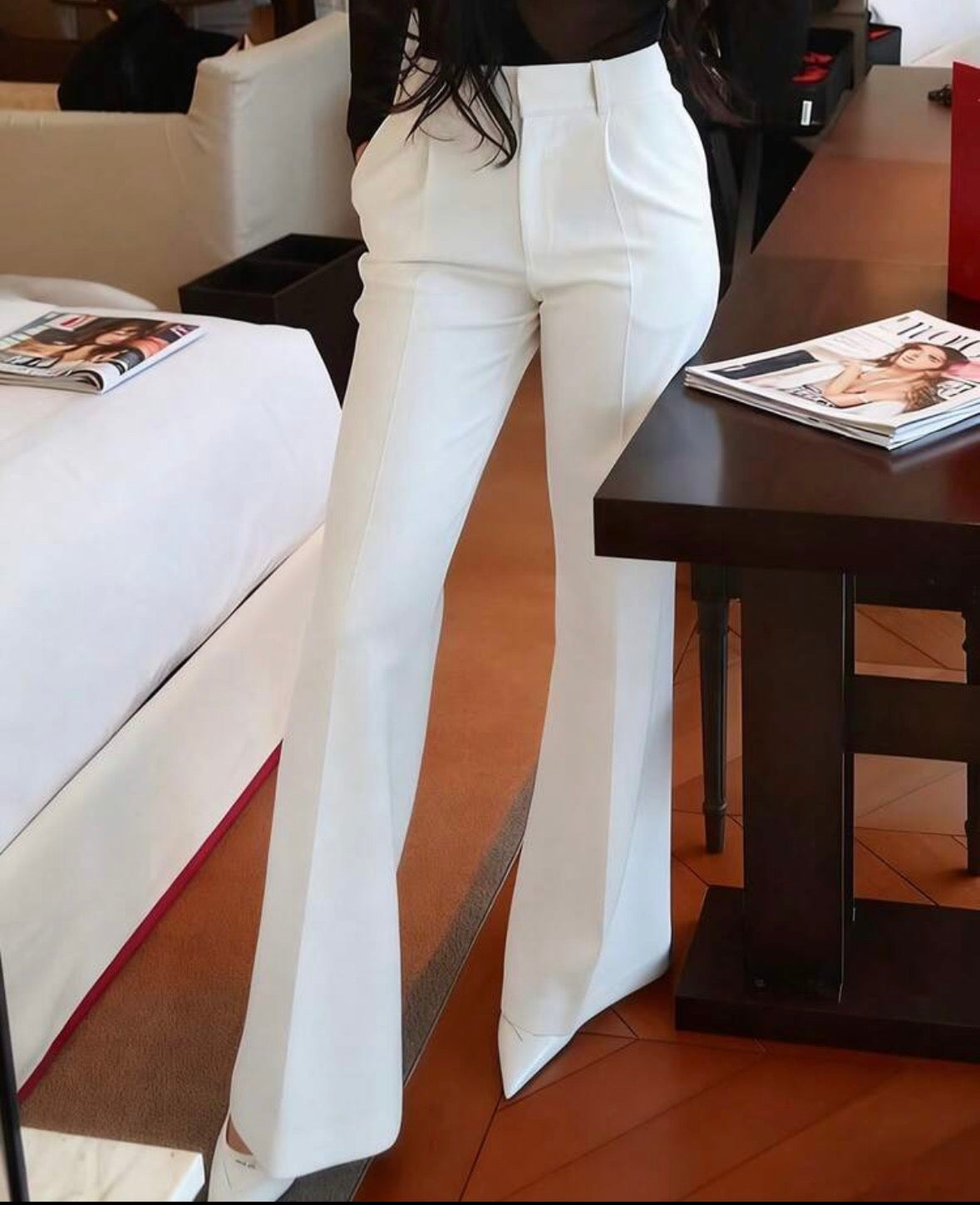 FZ Women's Solid Color Flared Long Retro Casual Elegant Urban Dress Pants