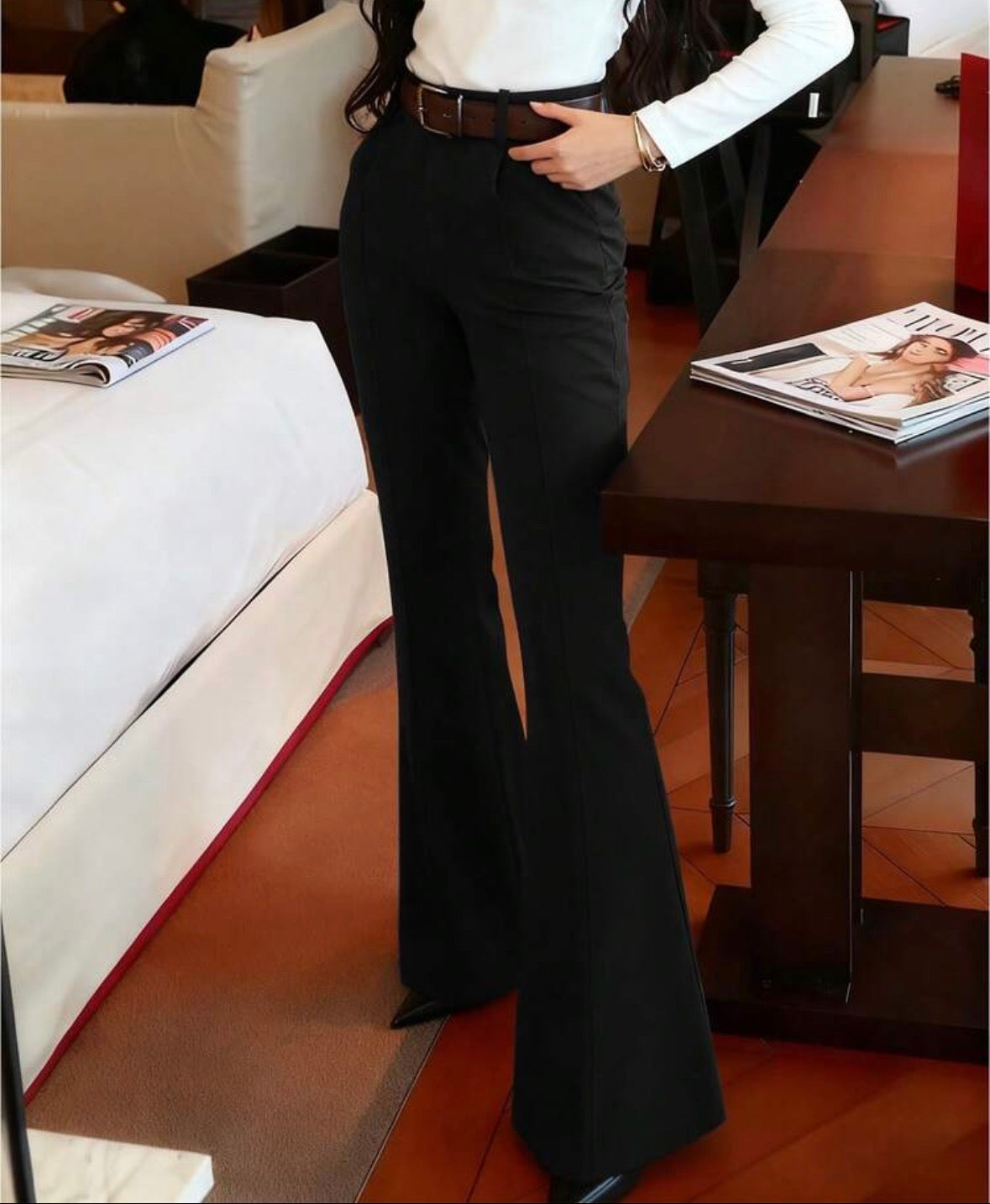 FZ Women's Solid Color Flared Long Retro Casual Elegant Urban Dress Pants