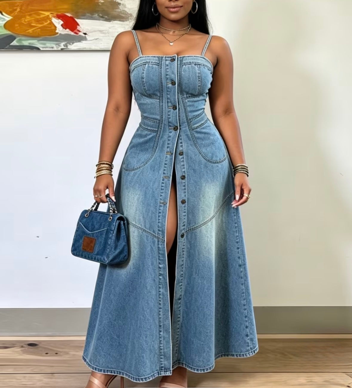 FZ Women's Breasted Suspender Comfortable Waist,Heavy Industry Splicing Denim Dress