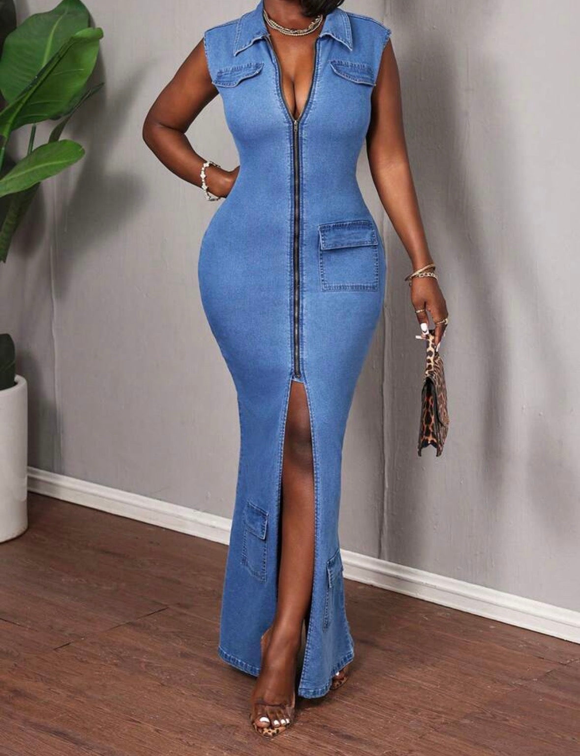 FZ Women's Sleeveless Sexy Bodycon Stretch Denim Dress