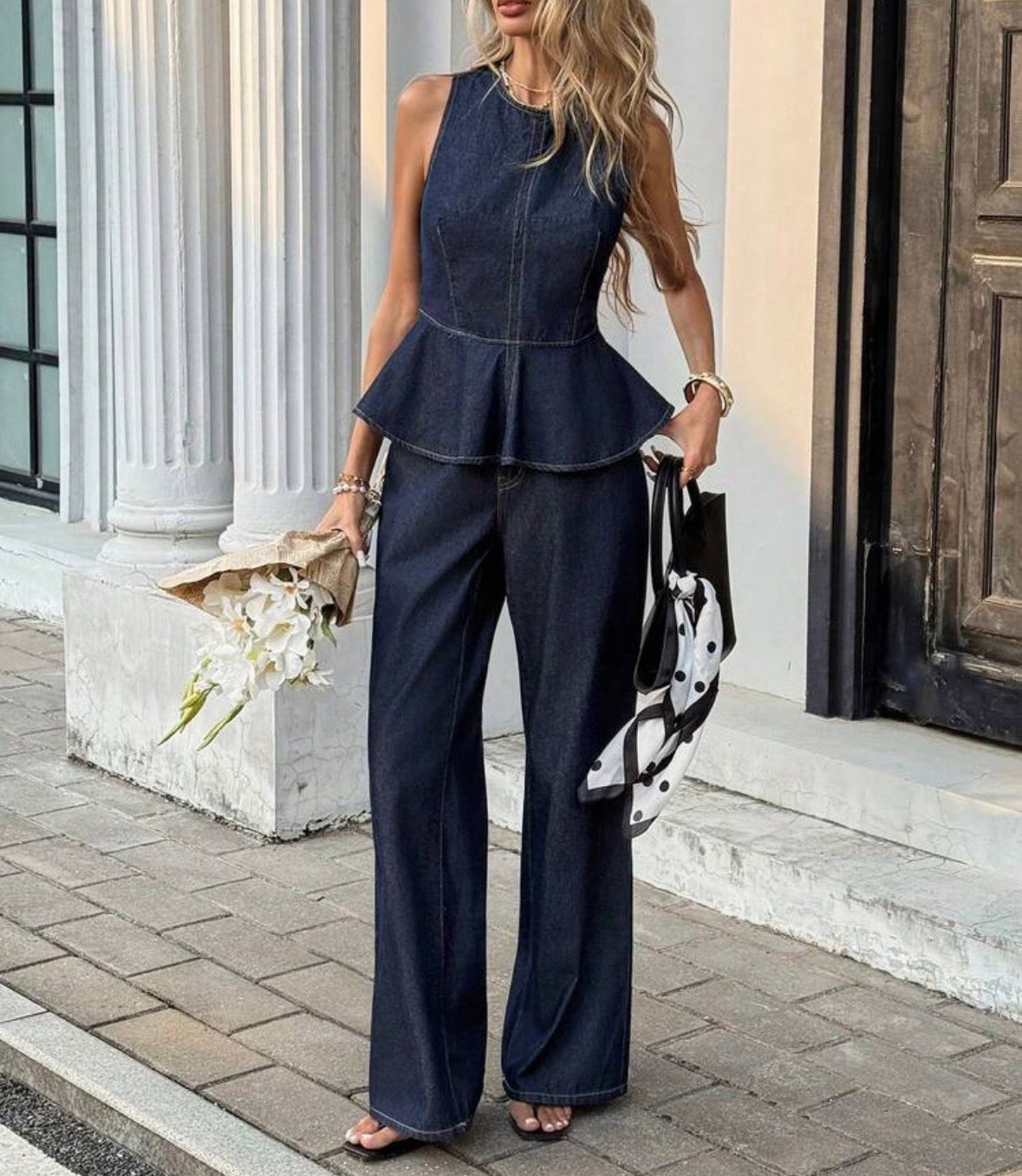 FZ Women's Round Neck Sleeveless Wide Leg Two Pieces Denim Pants Suit