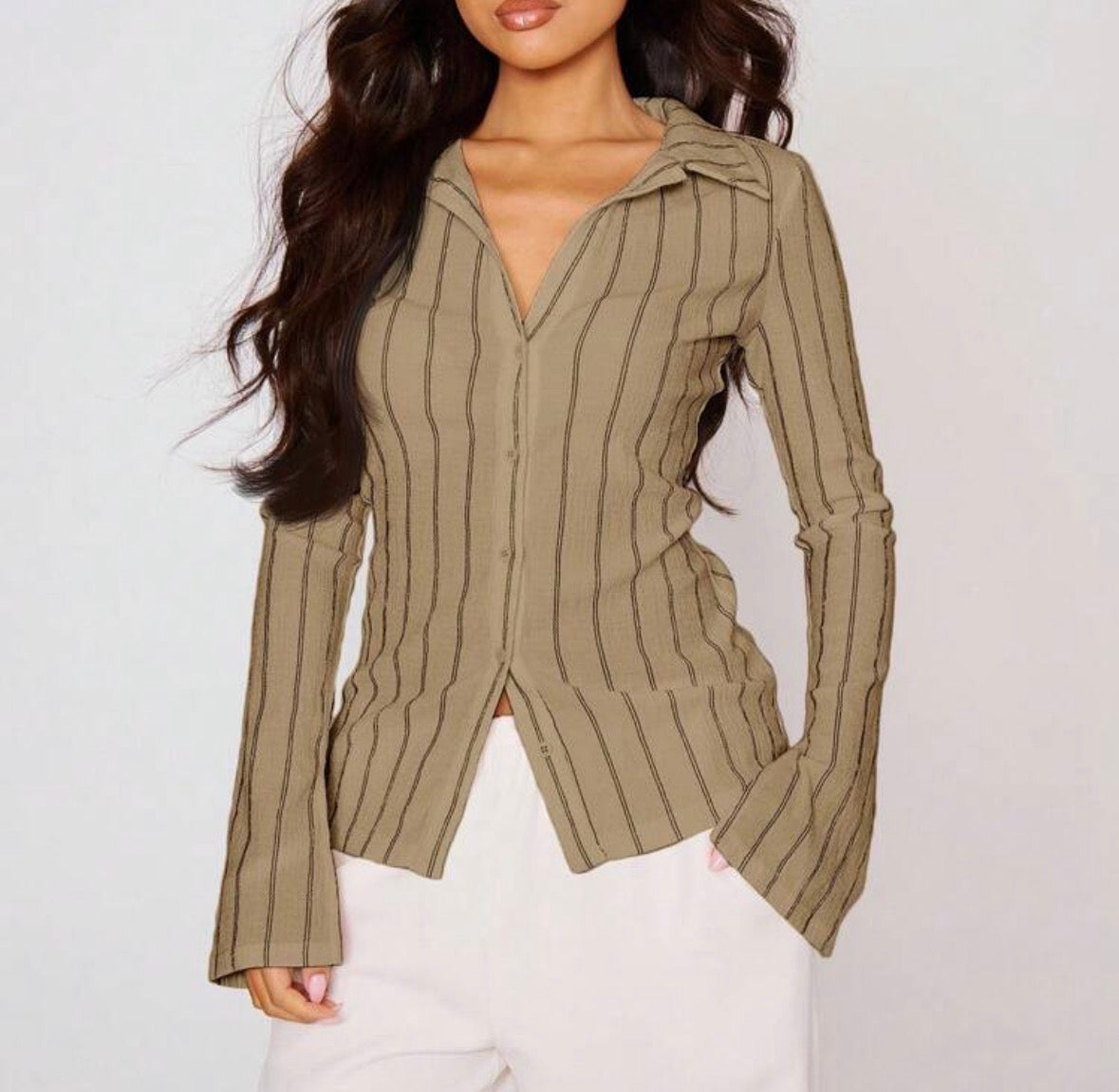 FZ Women's Fitted Stripe Flare Long Sleeve Button Up Shirt Top