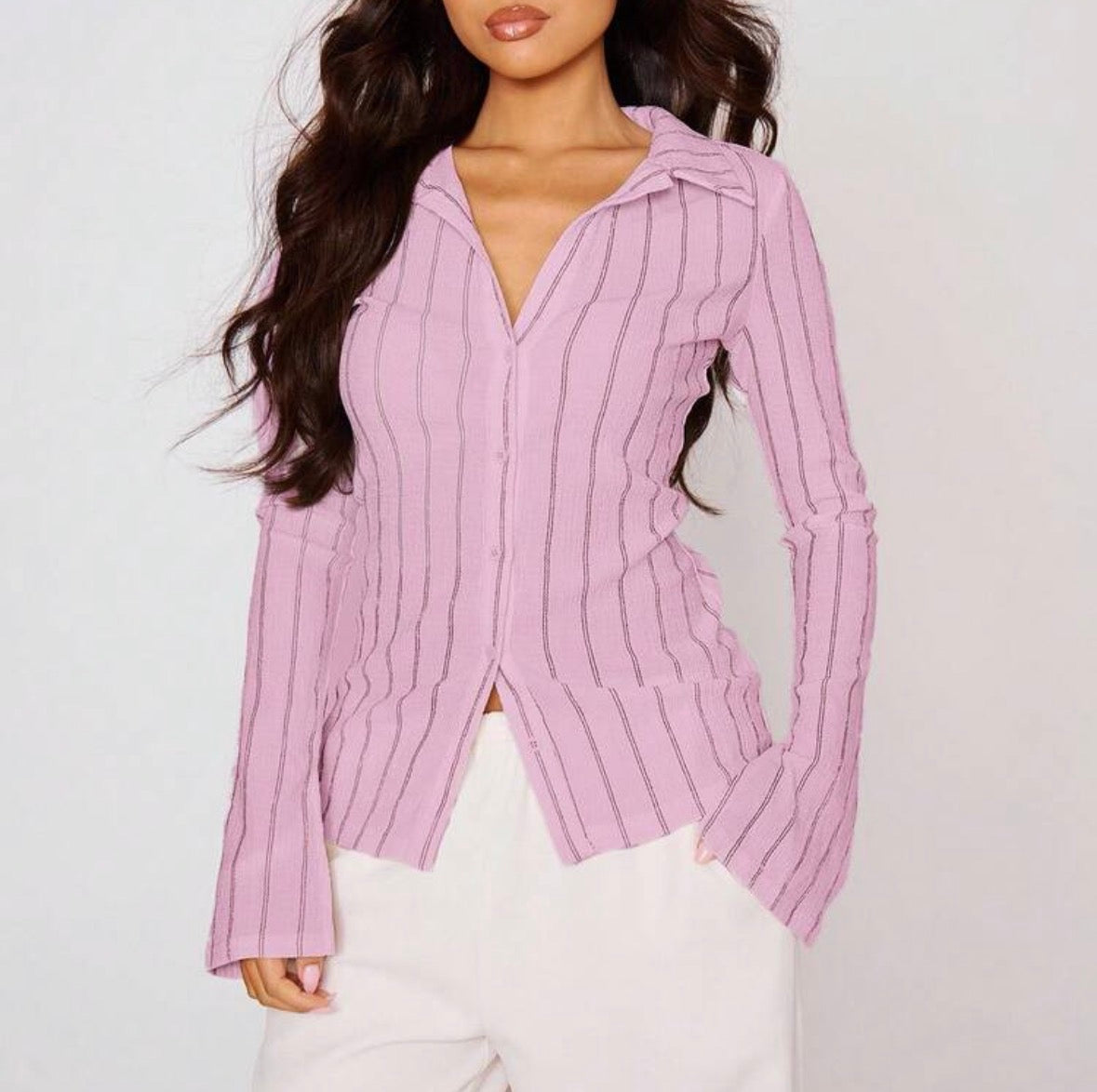 FZ Women's Fitted Stripe Flare Long Sleeve Button Up Shirt Top