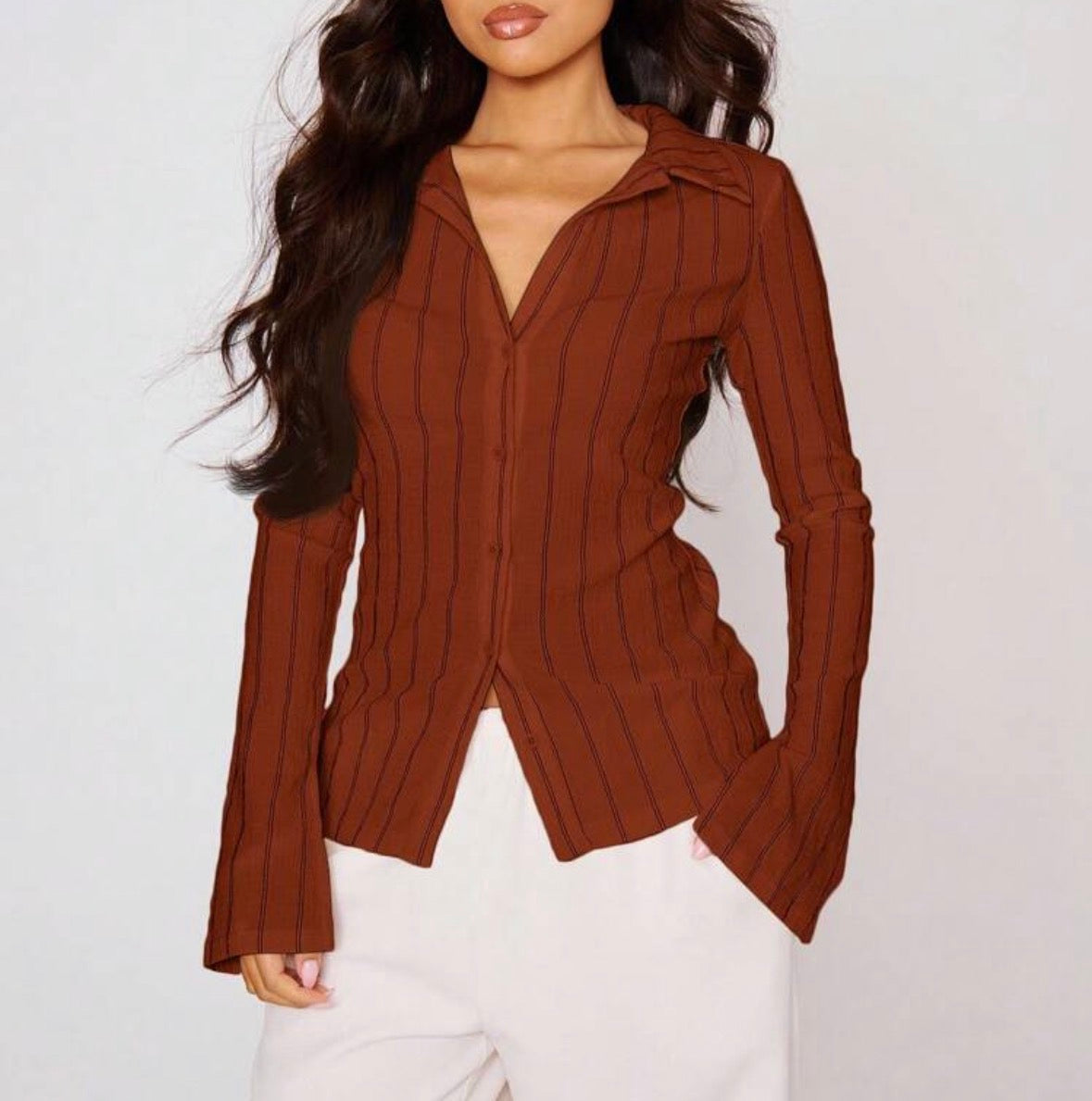 FZ Women's Fitted Stripe Flare Long Sleeve Button Up Shirt Top