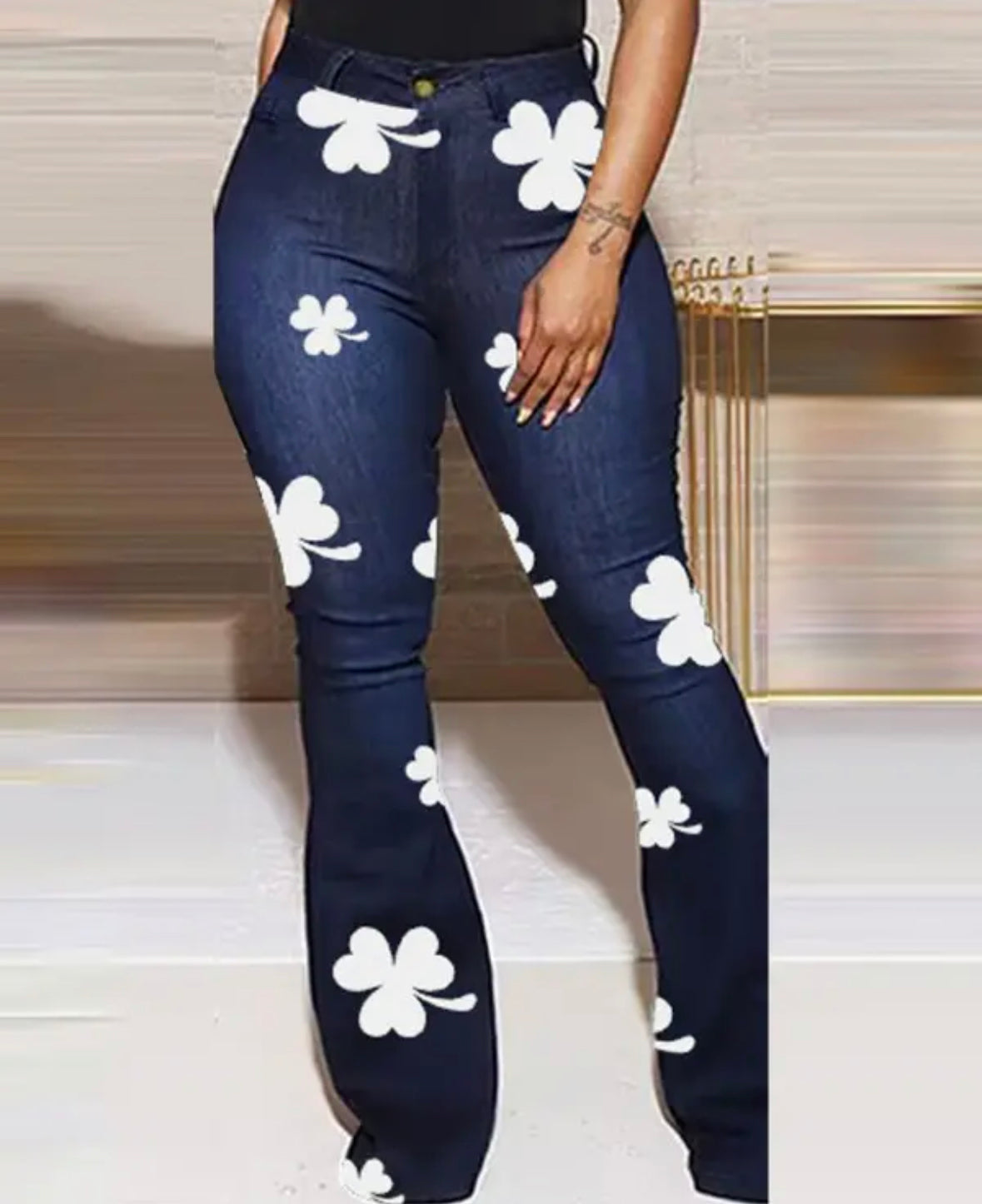 FZ Women's Shamrock Print High Waist Flared Leg Denim Pants - FZwear