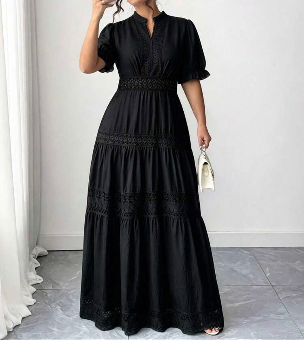 FZ Women's Plus Size Lace Trim Goddess Waist V-Neck French Style Sundress