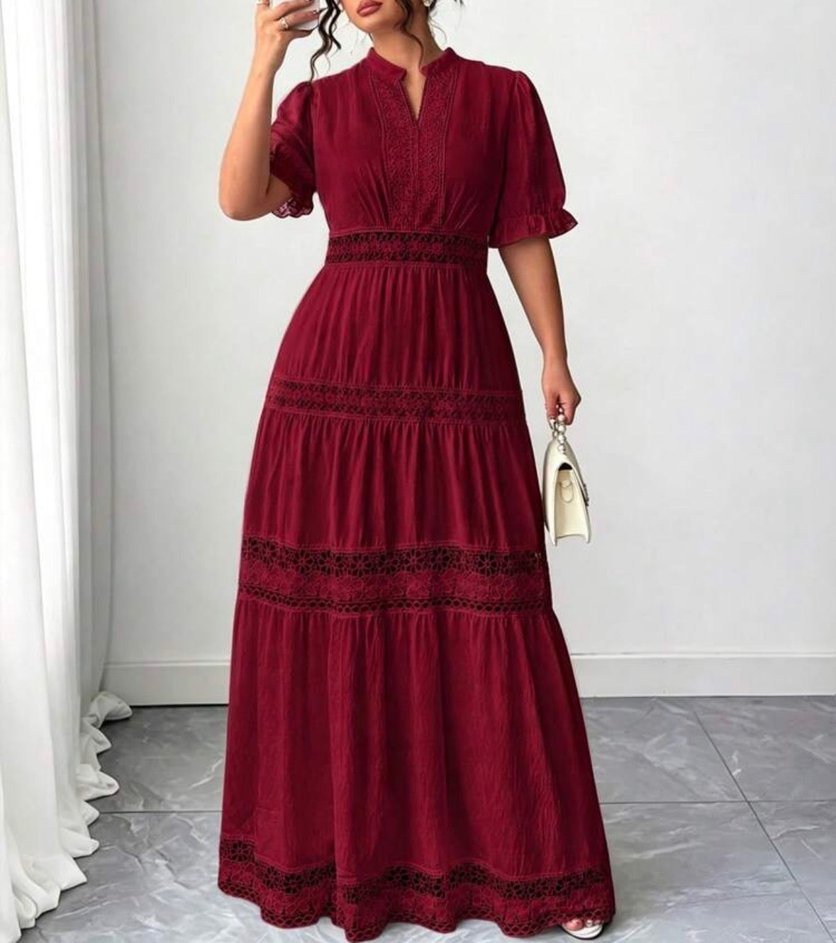 FZ Women's Plus Size Lace Trim Goddess Waist V-Neck French Style Sundress