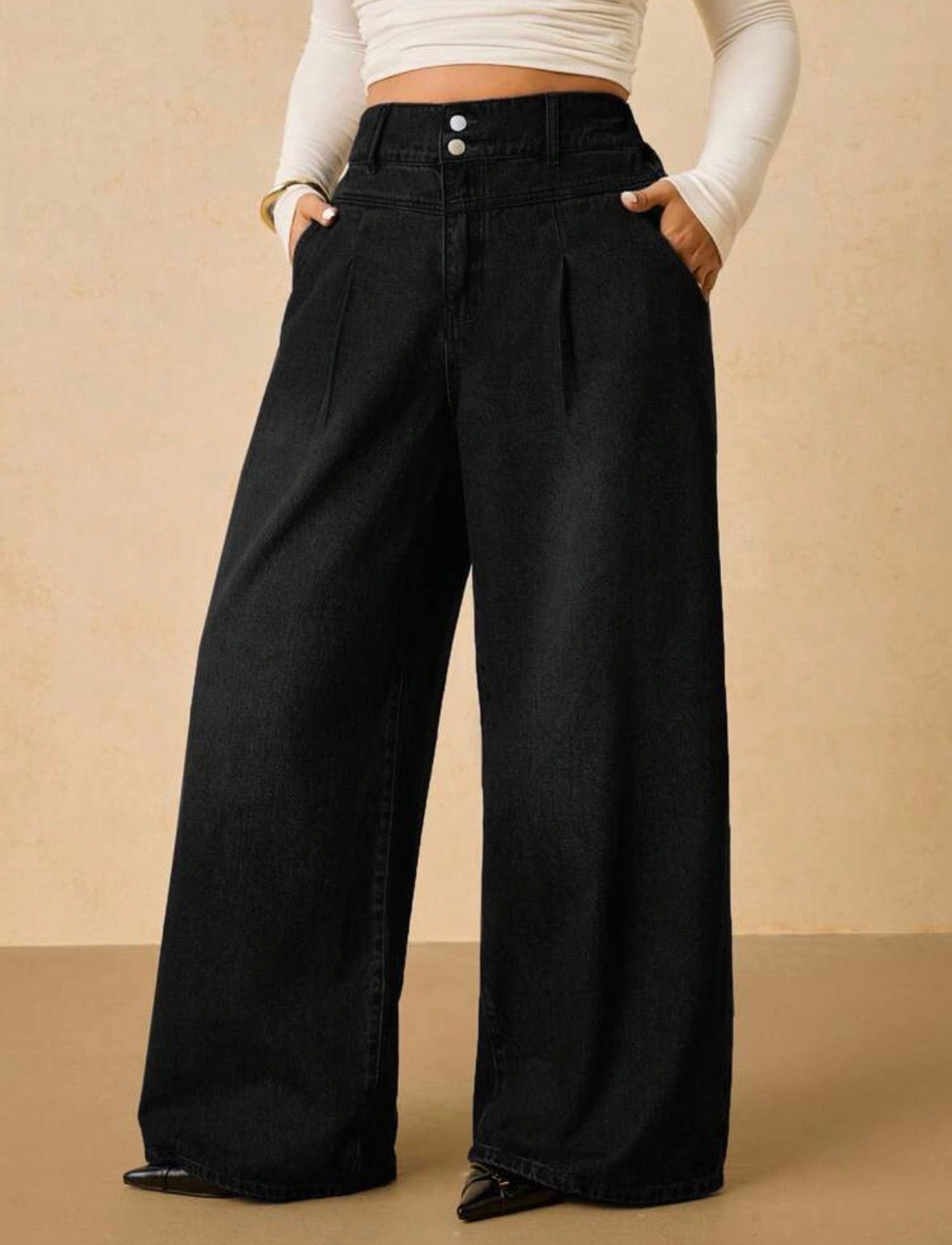 FZ Women's Plus Size Casual Versatile Solid Color Wide Leg Denim Pants