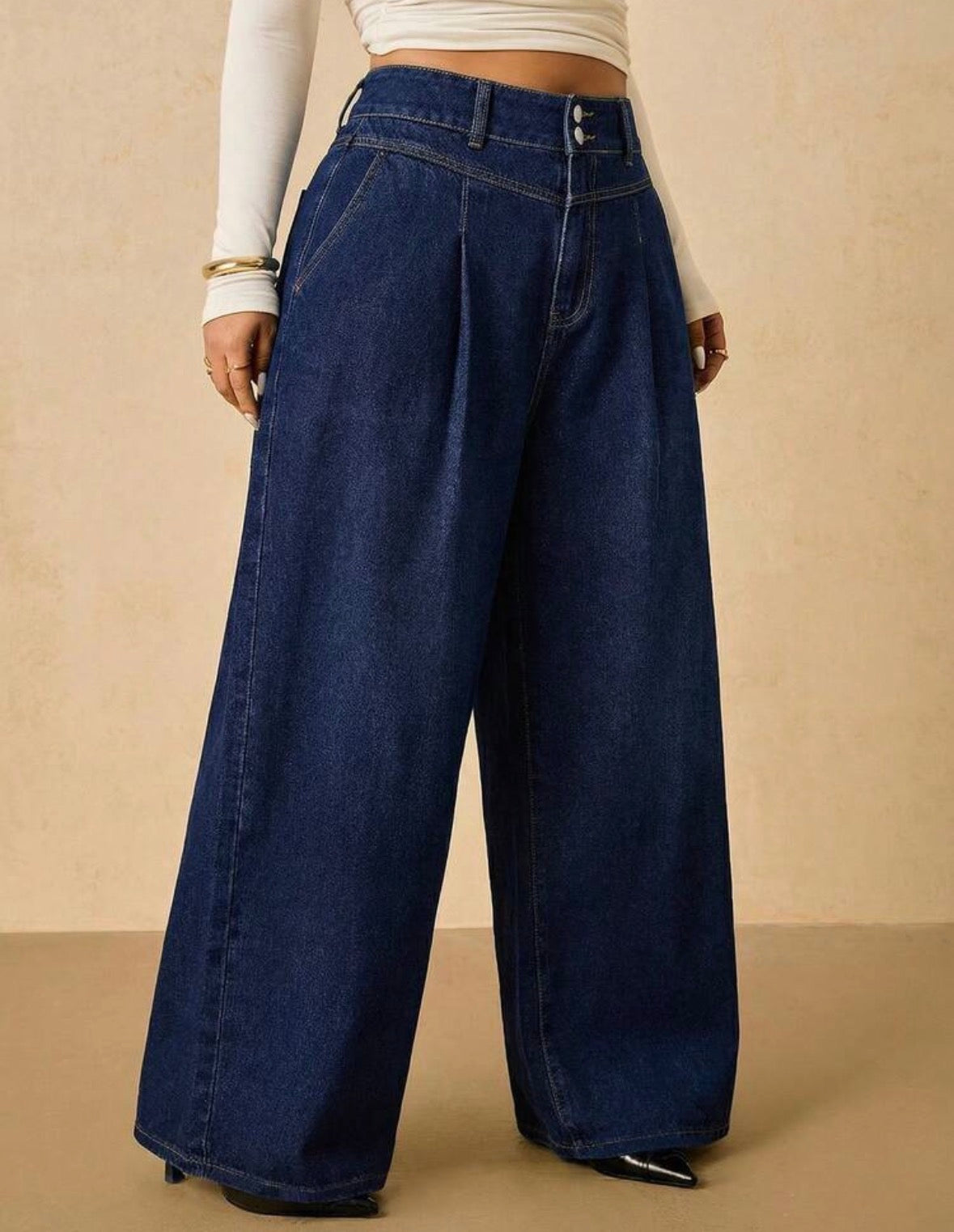 FZ Women's Plus Size Casual Versatile Solid Color Wide Leg Denim Pants