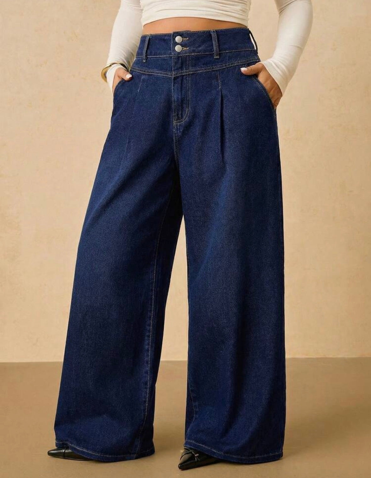 FZ Women's Plus Size Casual Versatile Solid Color Wide Leg Denim Pants