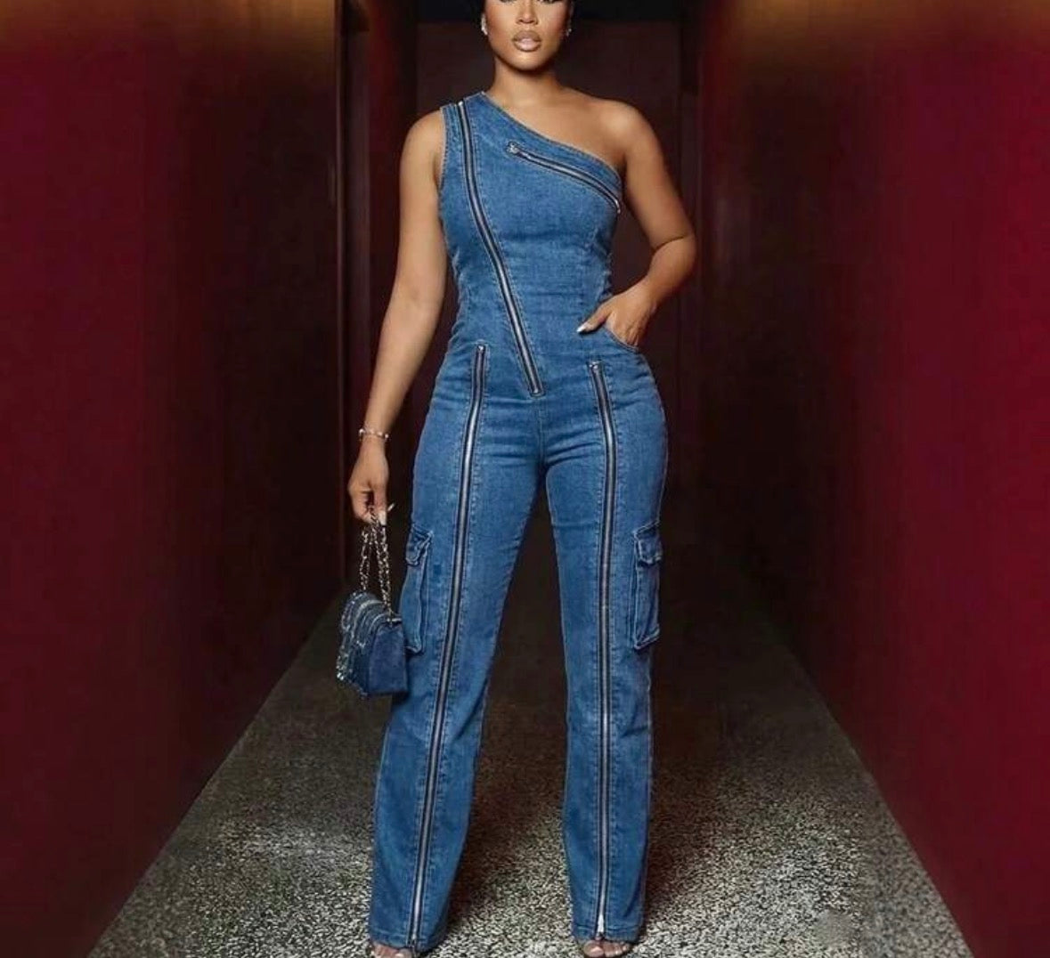 FZ Women's Fashion Casual Zipper Wide-Leg Denim Jumpsuit
