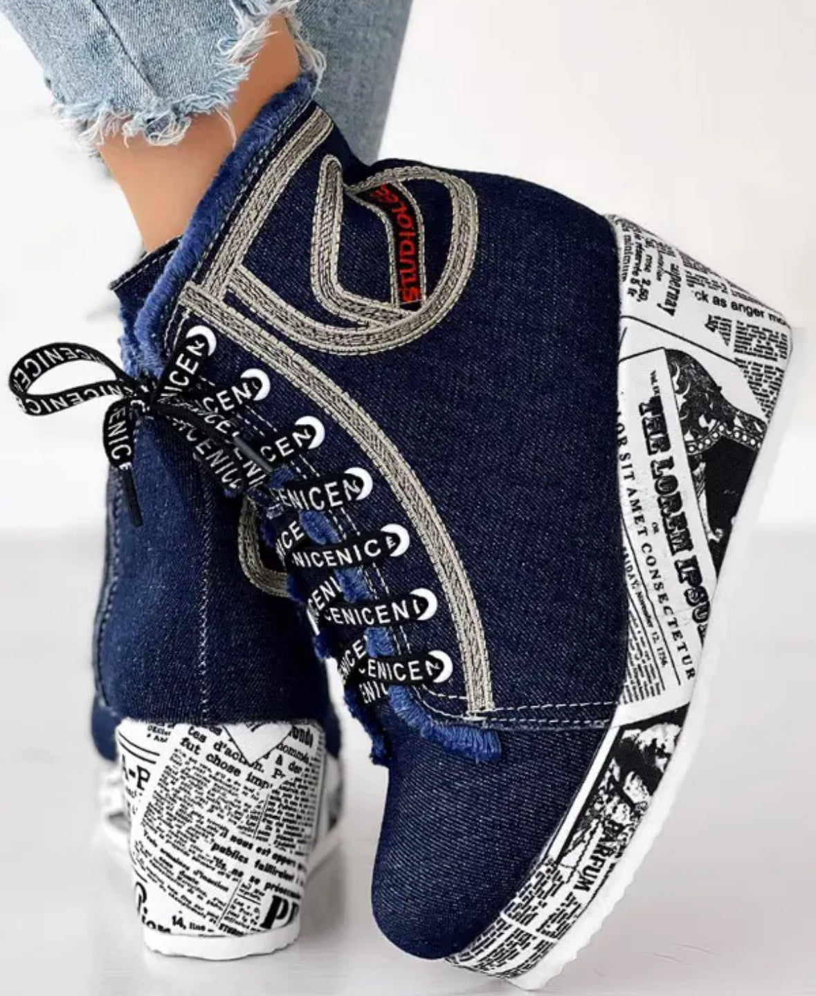 FZ Women's Newpaper Lace-up Platform Wedge Ankle Boots - FZwear