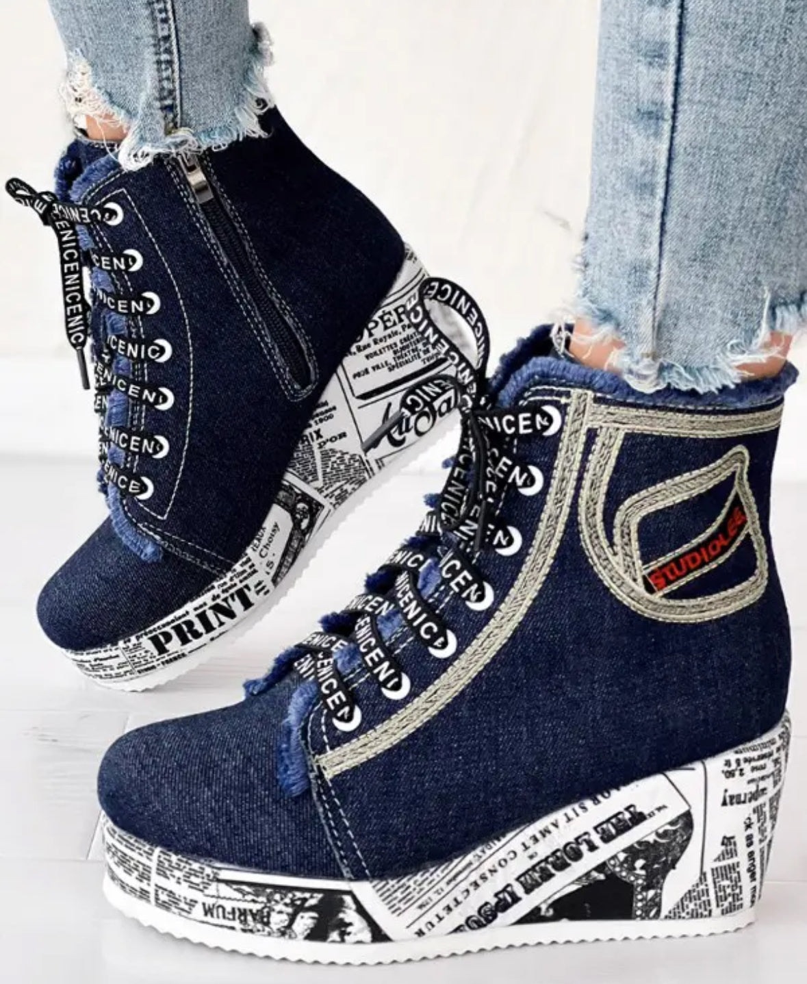 FZ Women's Newpaper Lace-up Platform Wedge Ankle Boots - FZwear