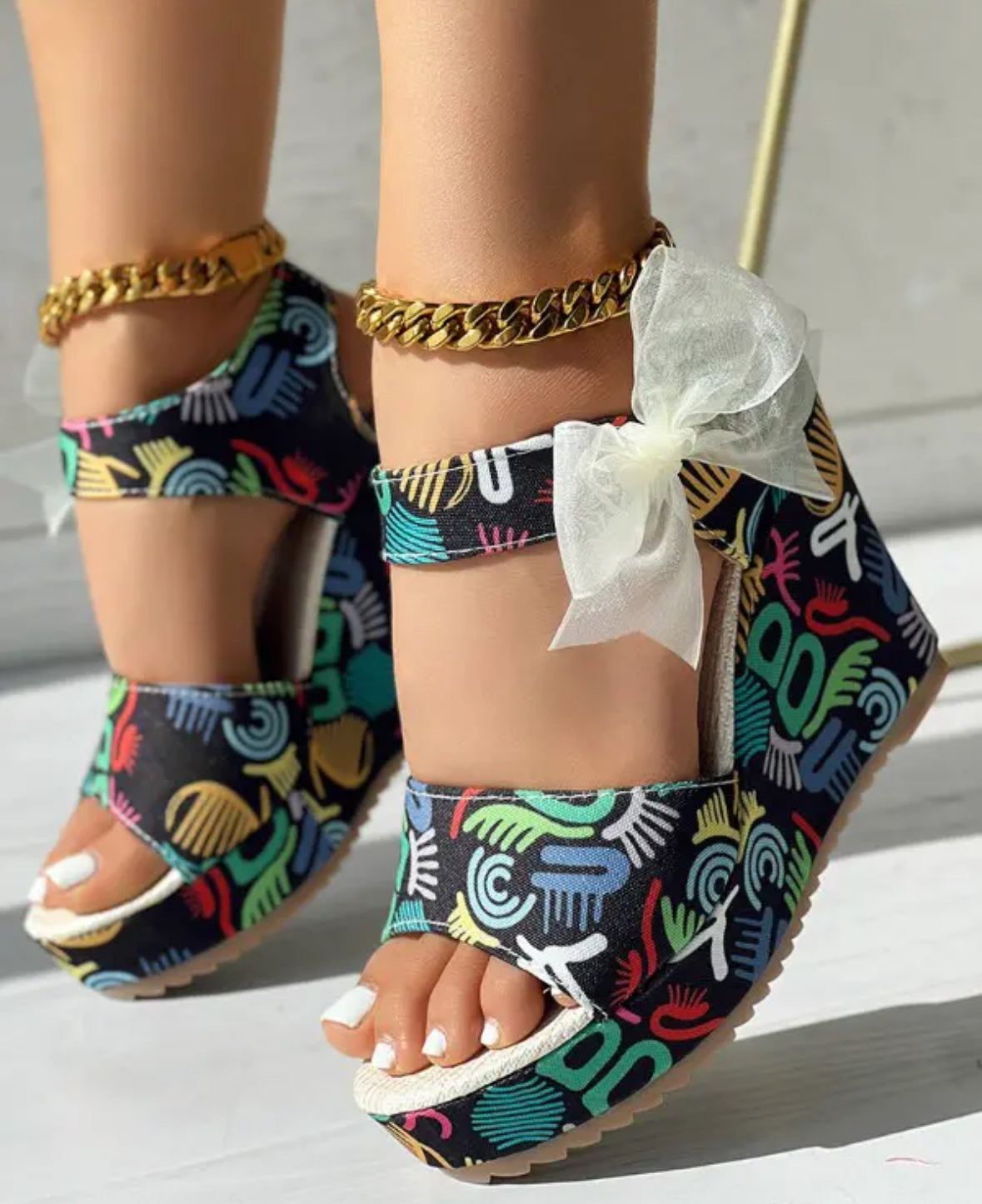 FZ Women's Abstract Print Bowknot Decor Platform Wedge Shoes - FZwear