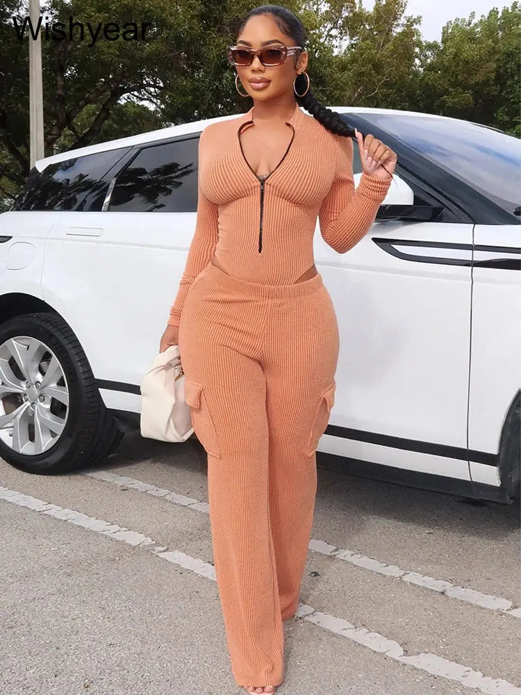Knitted Rib Tracksuits Set Women‘s Sports Fall Winter Bodysuits Tops and Cargo Pants Two 2 Piece Suit Fitness Sportswear New FZwear