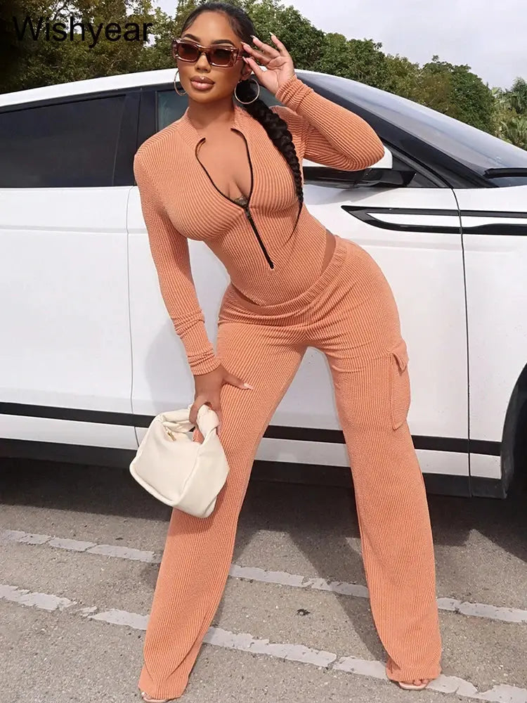 Knitted Rib Tracksuits Set Women‘s Sports Fall Winter Bodysuits Tops and Cargo Pants Two 2 Piece Suit Fitness Sportswear New FZwear
