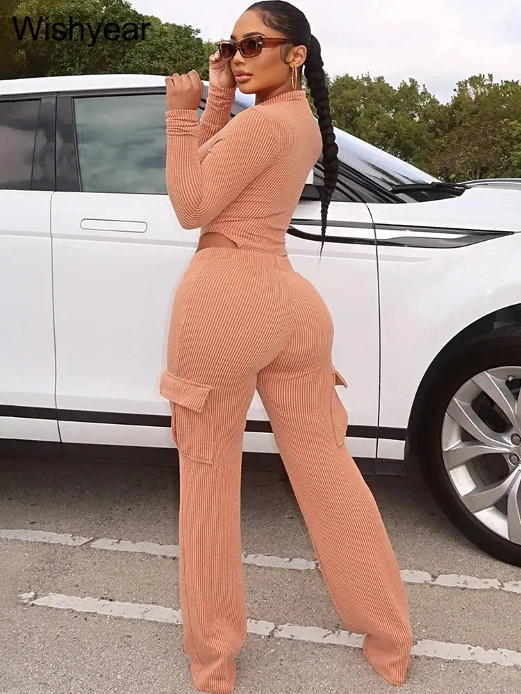 Knitted Rib Tracksuits Set Women‘s Sports Fall Winter Bodysuits Tops and Cargo Pants Two 2 Piece Suit Fitness Sportswear New FZwear