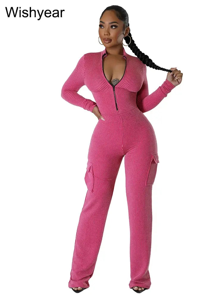 Knitted Rib Tracksuits Set Women‘s Sports Fall Winter Bodysuits Tops and Cargo Pants Two 2 Piece Suit Fitness Sportswear New FZwear