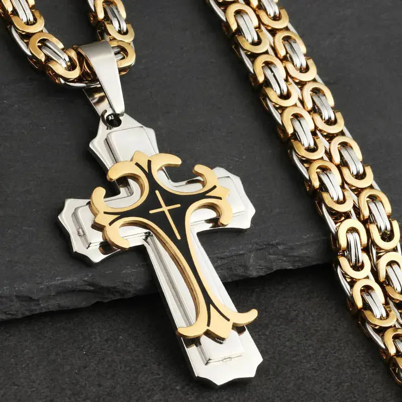 Male Vintage Christian Trinity Latin Cross Necklace Multi-layers Stainless Steel Cross Pendants Necklaces Catholic Jewelry FZwear