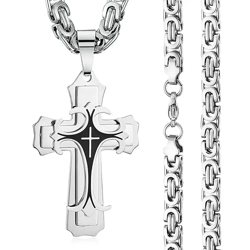 Male Vintage Christian Trinity Latin Cross Necklace Multi-layers Stainless Steel Cross Pendants Necklaces Catholic Jewelry FZwear