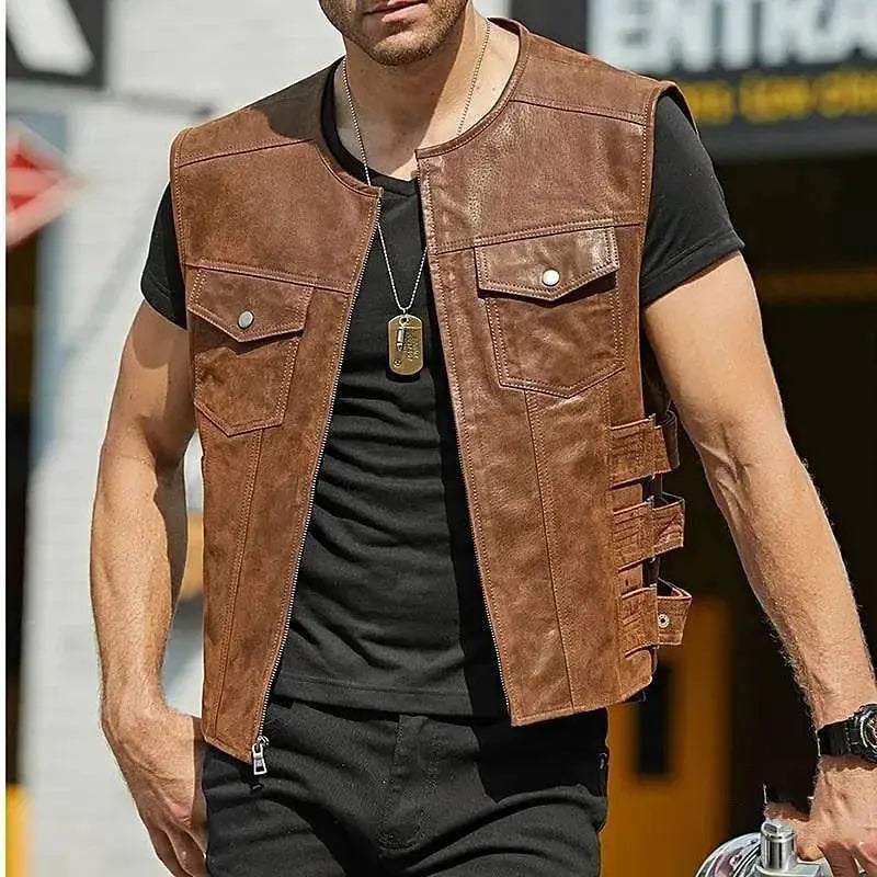 Men Vintage Brown Motorcycle Vests Zipper Pockets Leather Jacket Sleeveless Men's Riding Vest Motor Biker Jackets FZwear