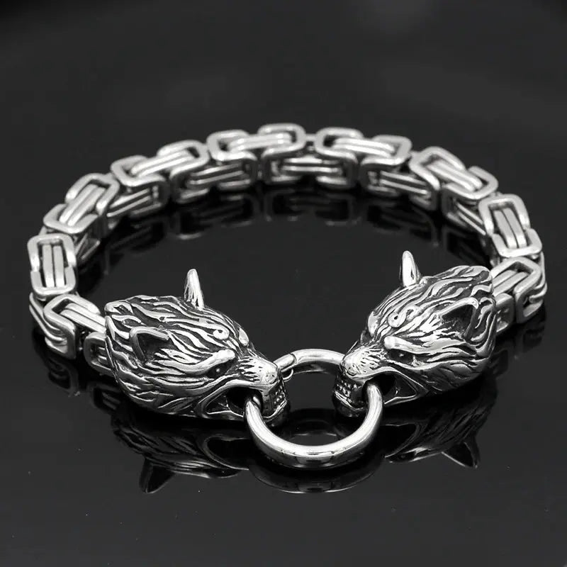 Men's Stainless Steel Viking Wolf Head Titanium Steel Bracelet Back Shape Emperor Bracelet Personality Men's Jewelry Gift FZwear