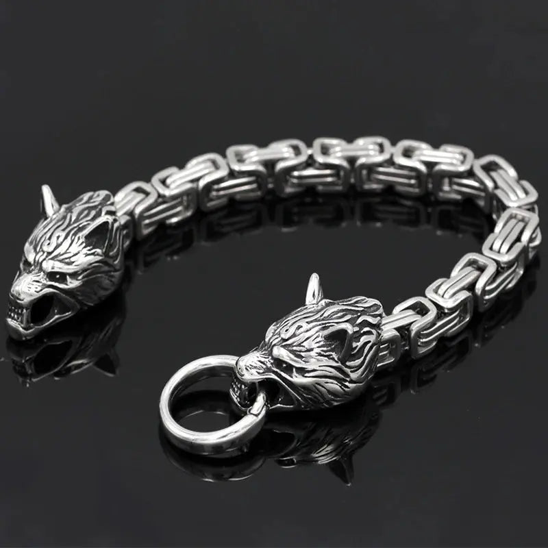 Men's Stainless Steel Viking Wolf Head Titanium Steel Bracelet Back Shape Emperor Bracelet Personality Men's Jewelry Gift FZwear
