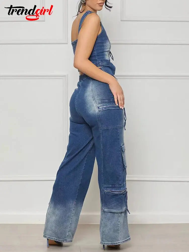 Mlaiscsr Streetwear Denim Wide Leg Pants Two Piece Set Women's Summer Zipper Vest Crop Top and Baggy Jeans Pockets Club Outfits FZwear