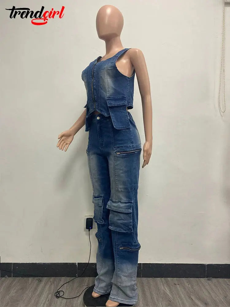 Mlaiscsr Streetwear Denim Wide Leg Pants Two Piece Set Women's Summer Zipper Vest Crop Top and Baggy Jeans Pockets Club Outfits FZwear