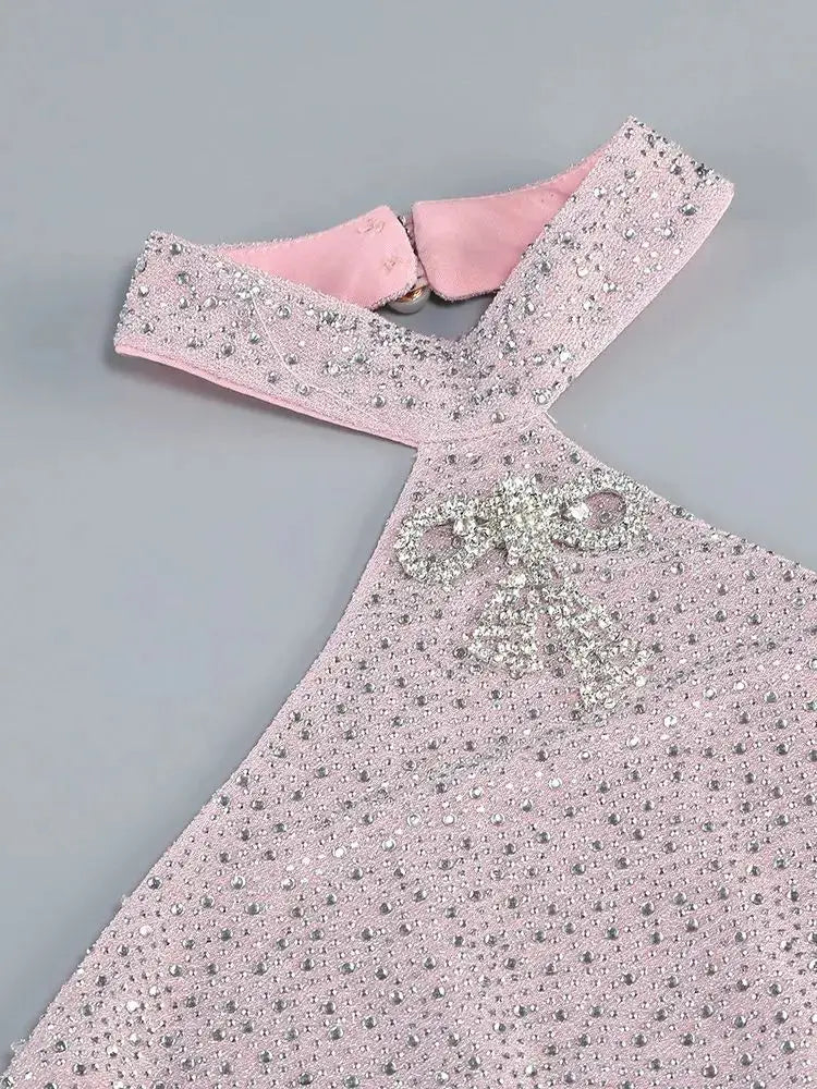 Modphy Sexy Sparkling Diamonds Bow Halter Tight Maxi Dress Women Sleeveless Backless Crystal Long Dresses Evening Party Gowns FZwear