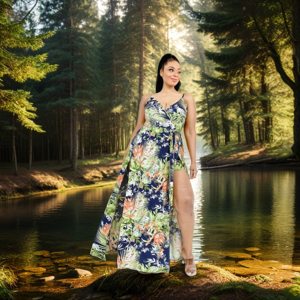 FZ Women's Plus Tropical Leaf Print Surplice Maxi Sun Dress - FZwear