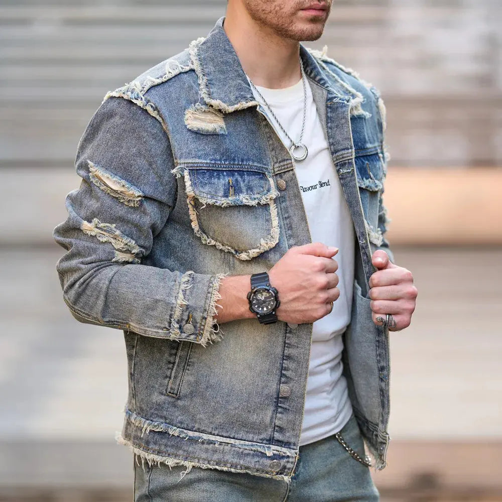 New Men Autumn Streetwear Fashion Solid Ripped Slim Denim Jacket High quality Male Holes Casual Jacket Coat FZwear