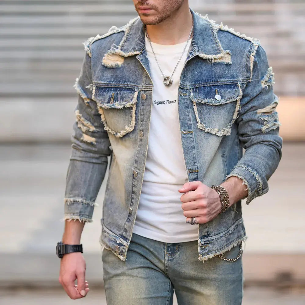 New Men Autumn Streetwear Fashion Solid Ripped Slim Denim Jacket High quality Male Holes Casual Jacket Coat FZwear