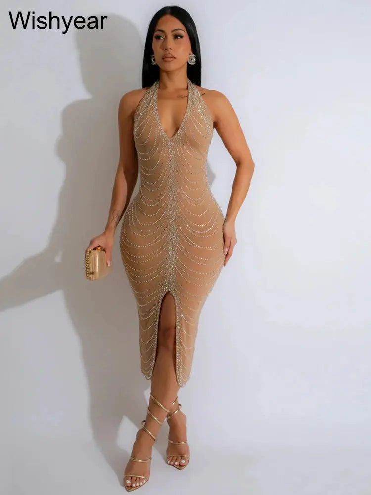 New Sexy Diamonds Halter Black Party Bodycon Midi Dress Women Sleeveless Backless Front Split Birthday Night Prom Club Vestidos FZwear