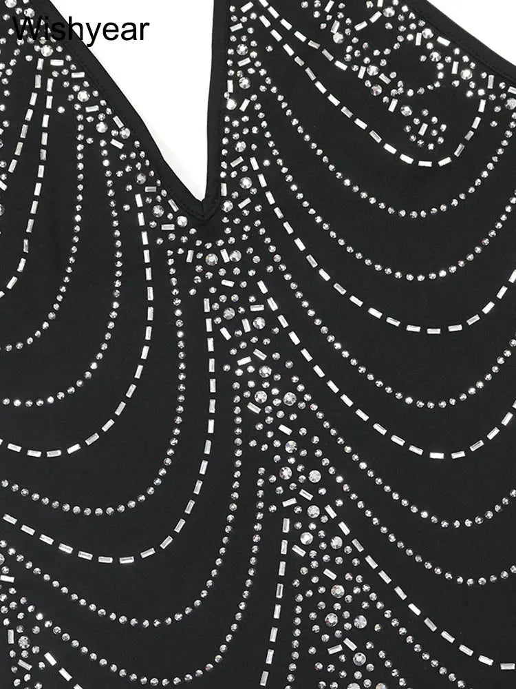 New Sexy Diamonds Halter Black Party Bodycon Midi Dress Women Sleeveless Backless Front Split Birthday Night Prom Club Vestidos FZwear
