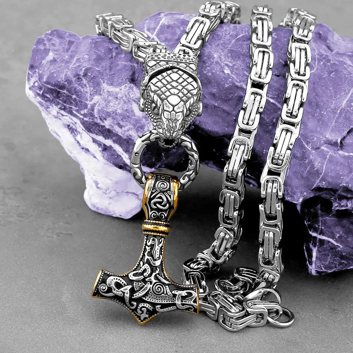 Nordic Odin Snake Head Necklace Fashion Men Thor's Hammer Stainless Steel Pendant Vintage Charm Accessories Jewelry Wholesale FZwear