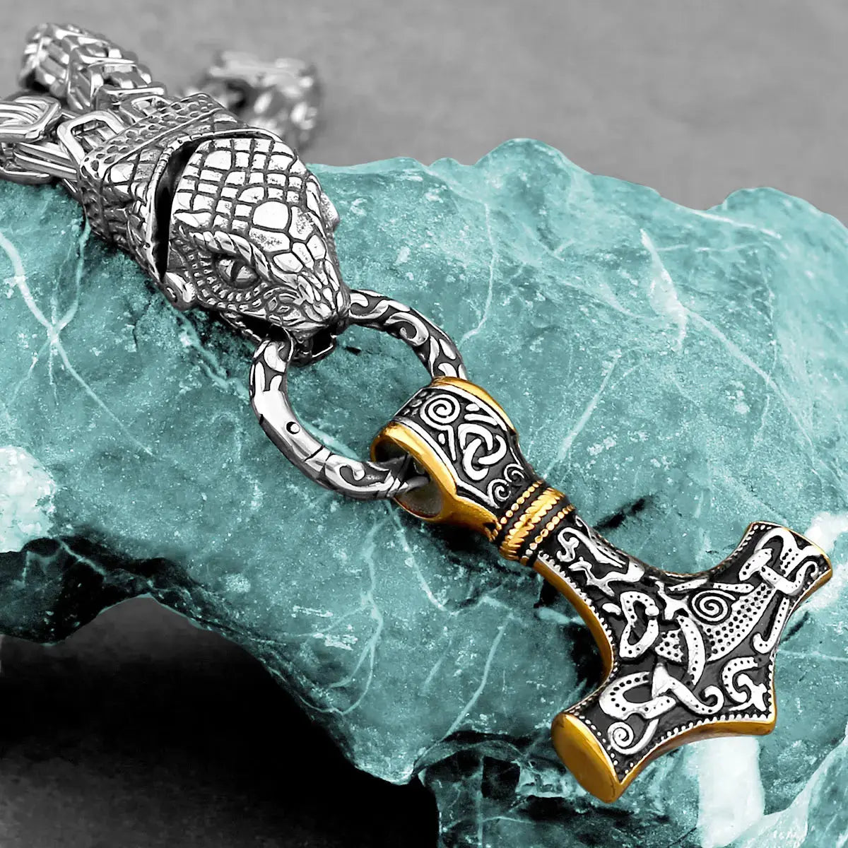 Nordic Odin Snake Head Necklace Fashion Men Thor's Hammer Stainless Steel Pendant Vintage Charm Accessories Jewelry Wholesale FZwear