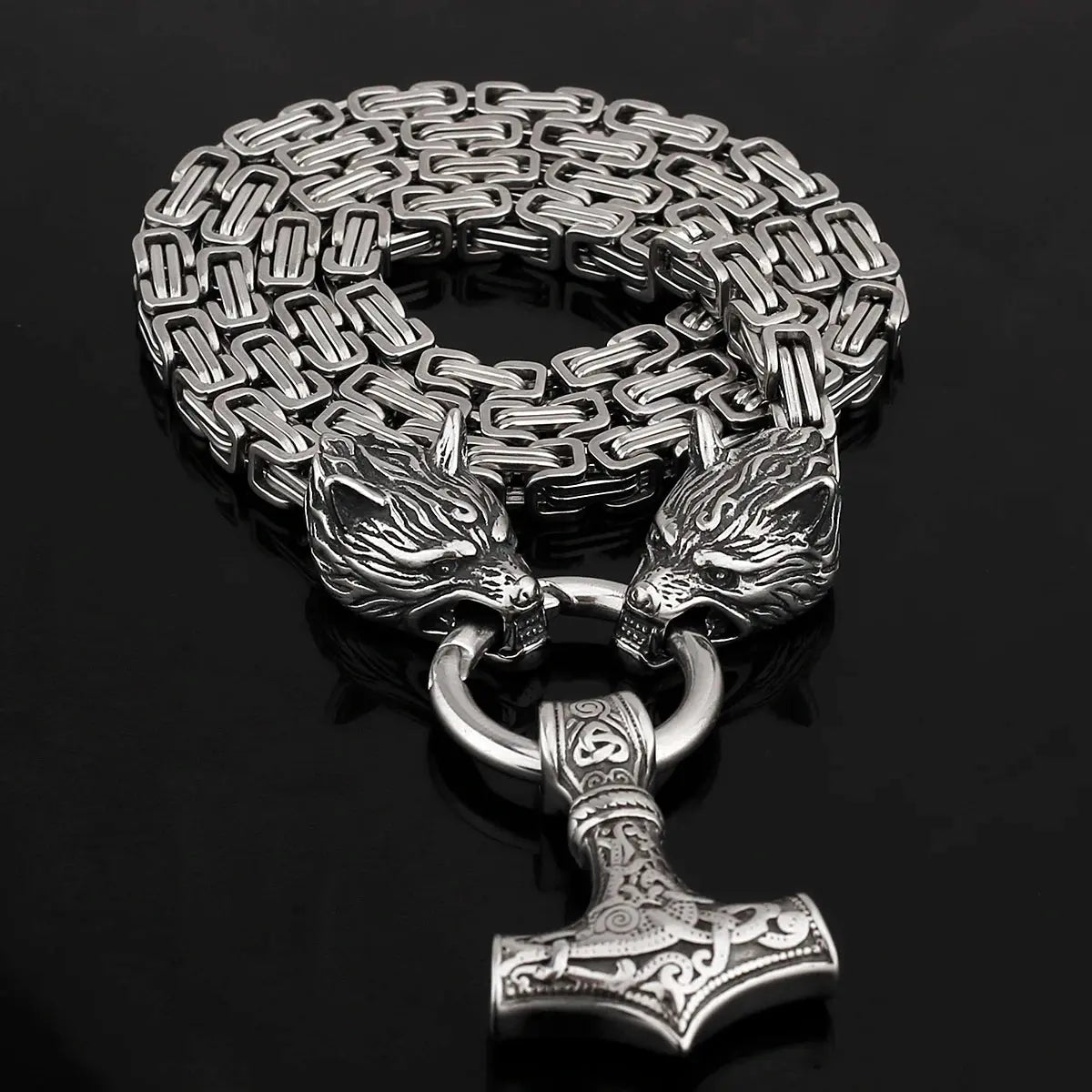 Nordic Wolf Head Men's Necklace Celtic Wolf Head Thor's Hammer Stainless Steel Pendant Necklace Jewelry Jewelry Gift Wholesale FZwear