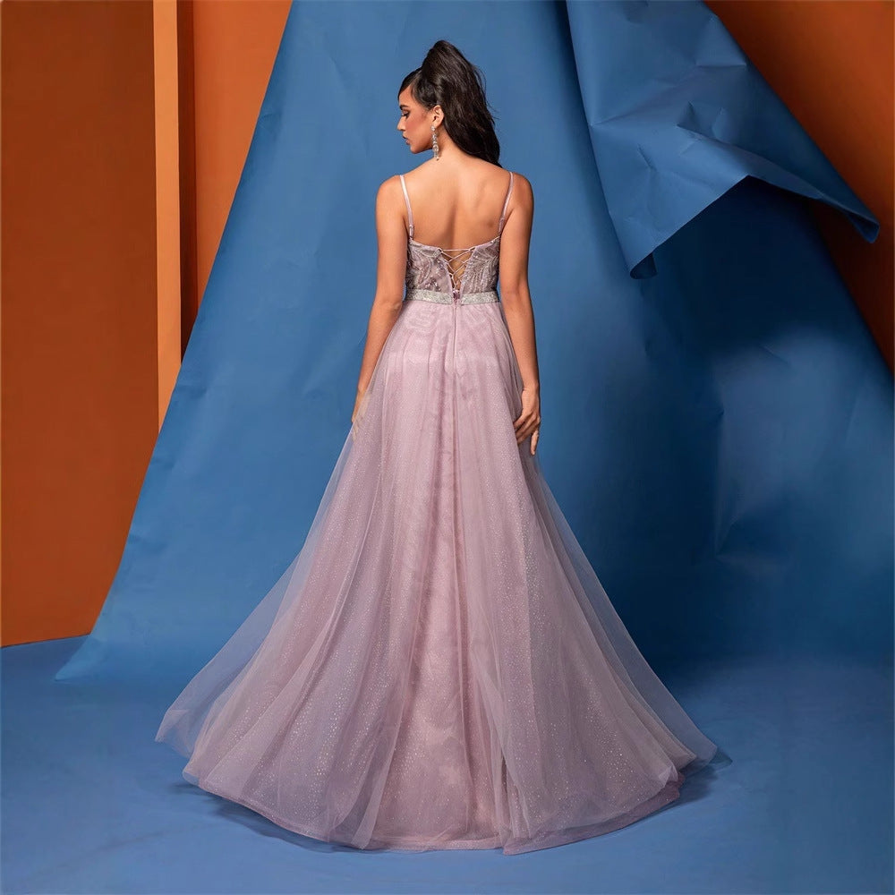 FZ Women's V neck Brace Sequin A Hem Backless Beaded Mesh Evening Dress