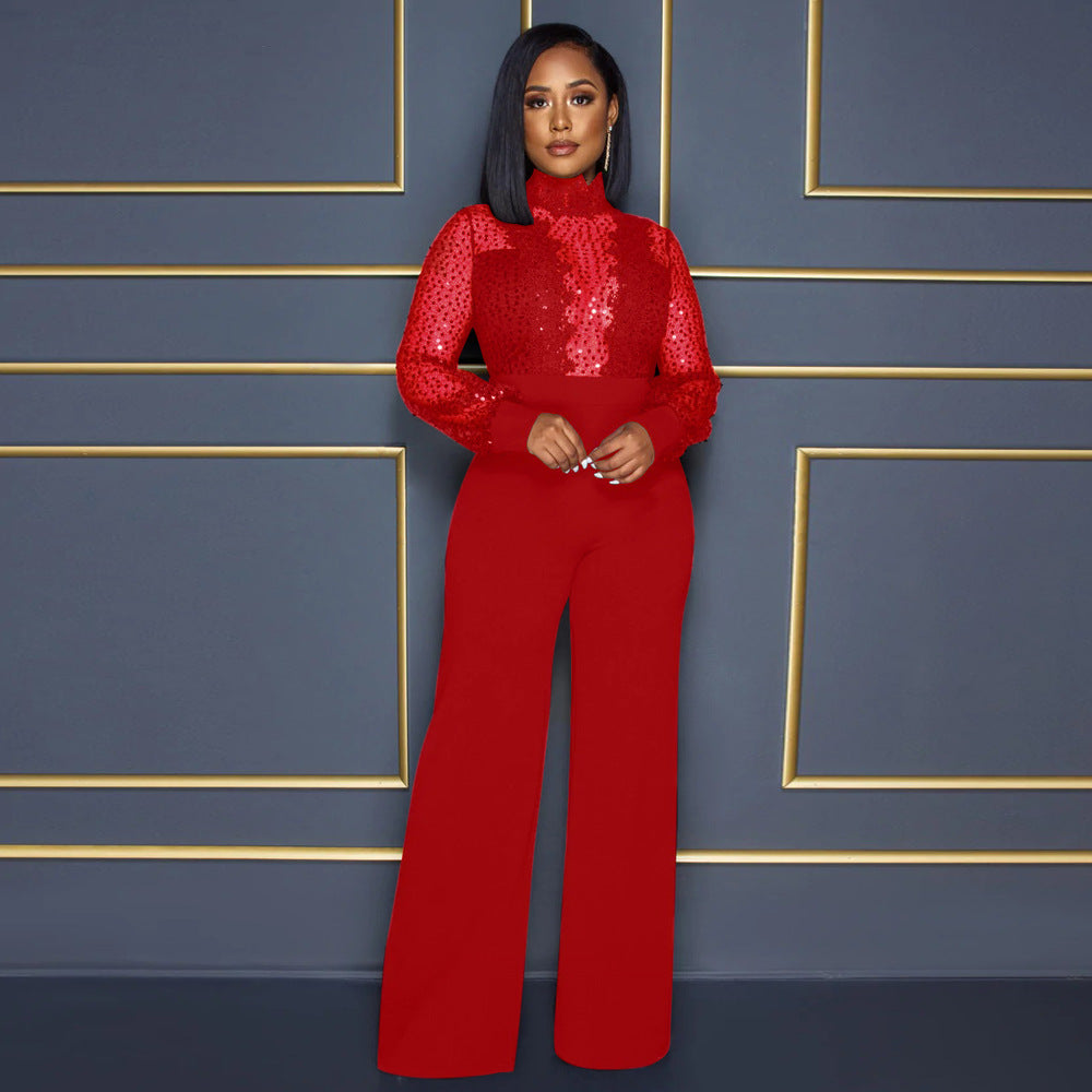 FZ Women's Turtleneck Sequin Lace Sheer Loose Jumpsuit - FZwear