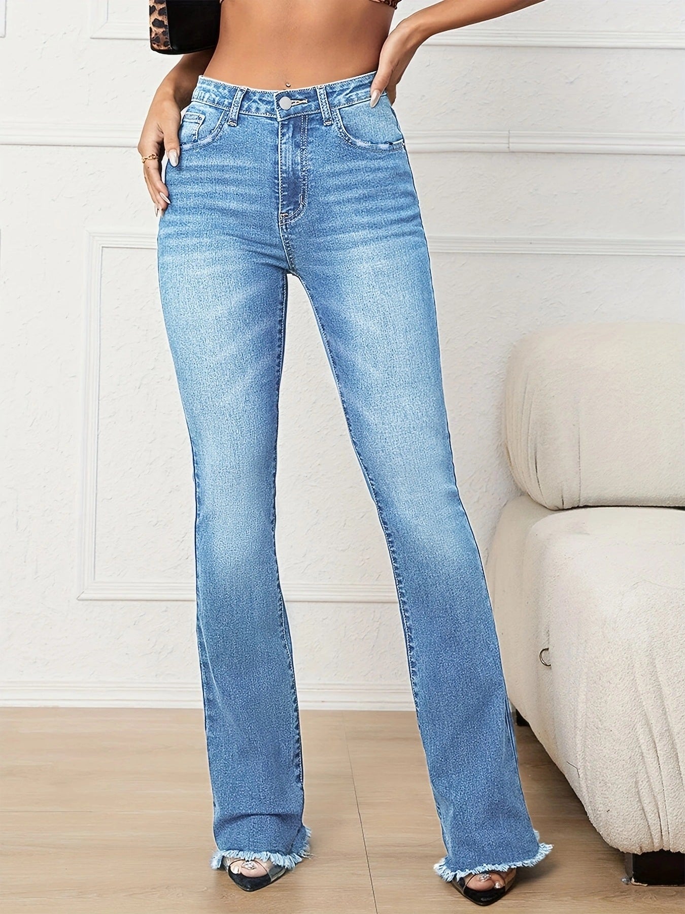 FZ Women Elastic Mid Waist Slightly Flared Denim Pants - FZwear
