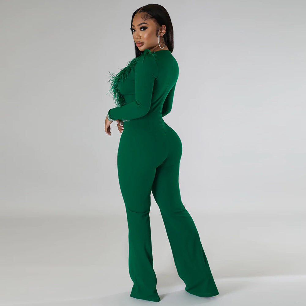 FZ Women's Sexy Deep V Plunge Feather Collar Wide Leg Jumpsuit - FZwear