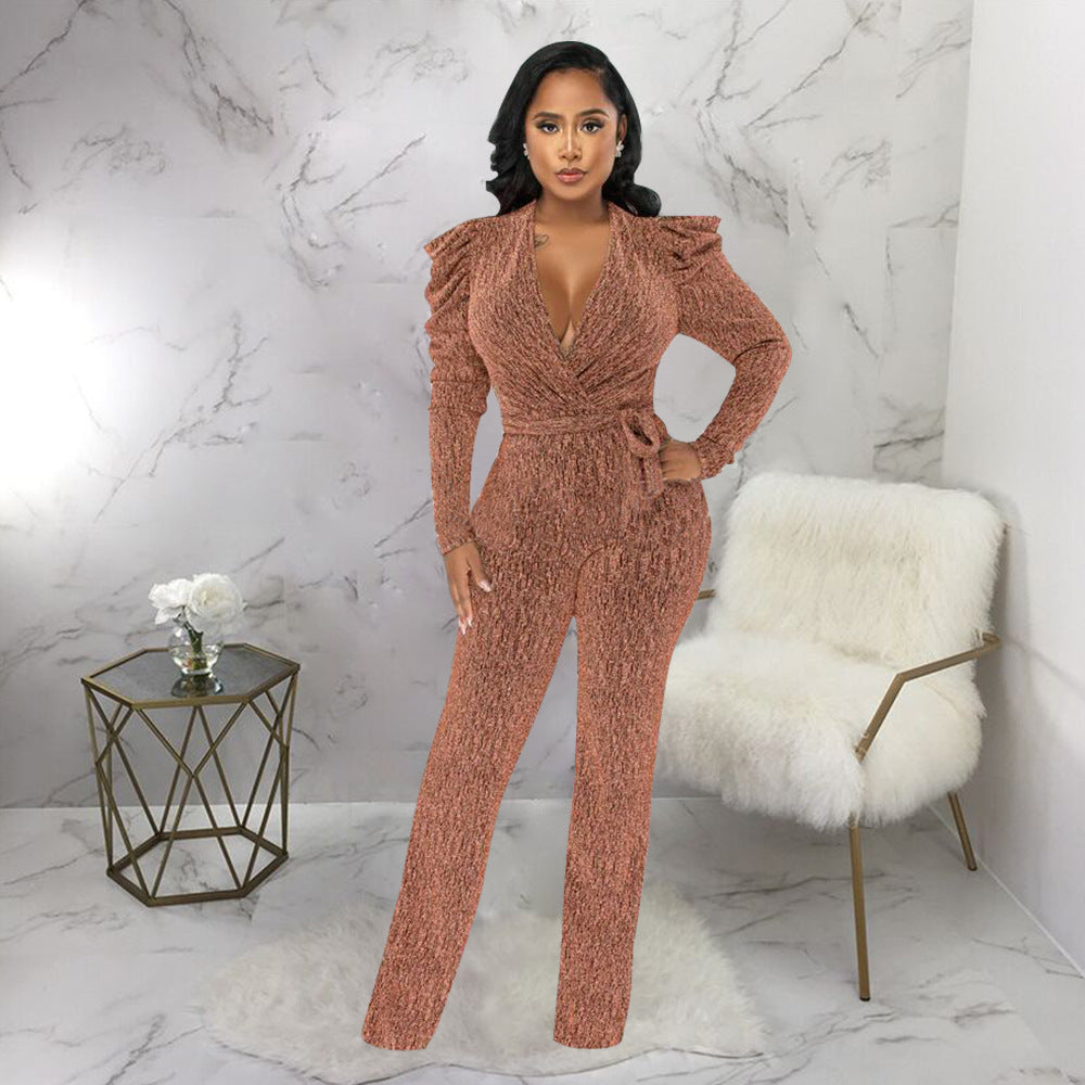 FZ Women's Sexy Waist Trimming V Neck Glossy Knitted Jumpsuit - FZwear