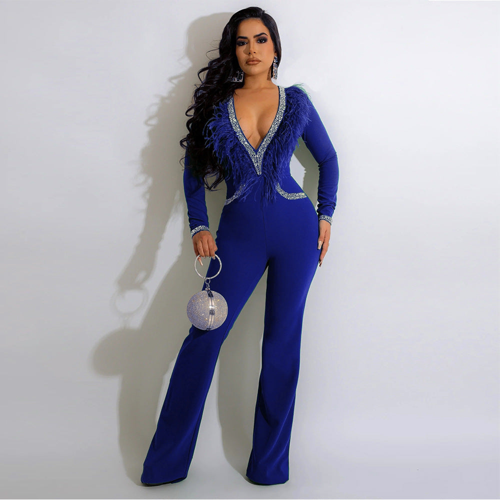 FZ Women's Sexy Deep V Plunge Feather Collar Wide Leg Jumpsuit - FZwear
