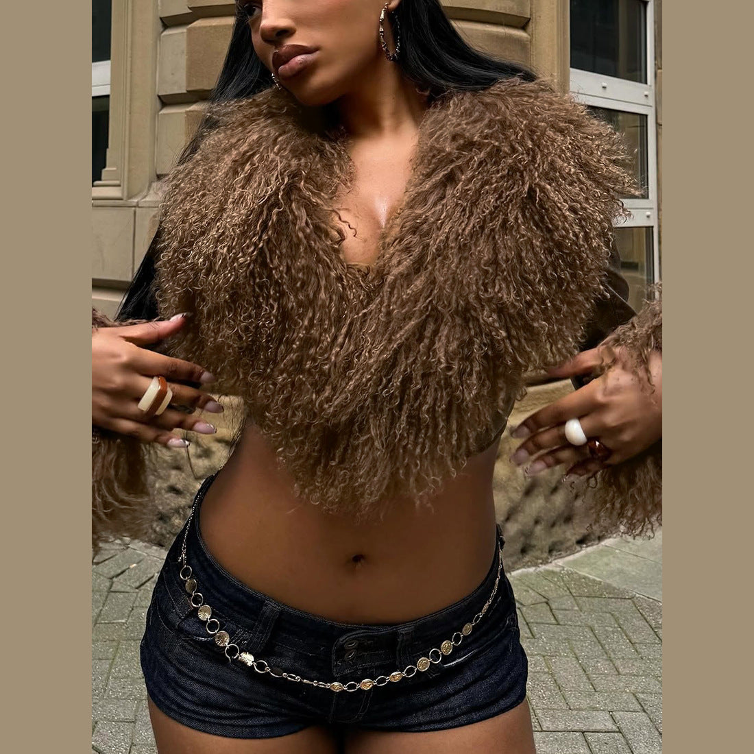 FZ Women's Tassel Fur Collar Stitching V neck Cropped Leather Jacket