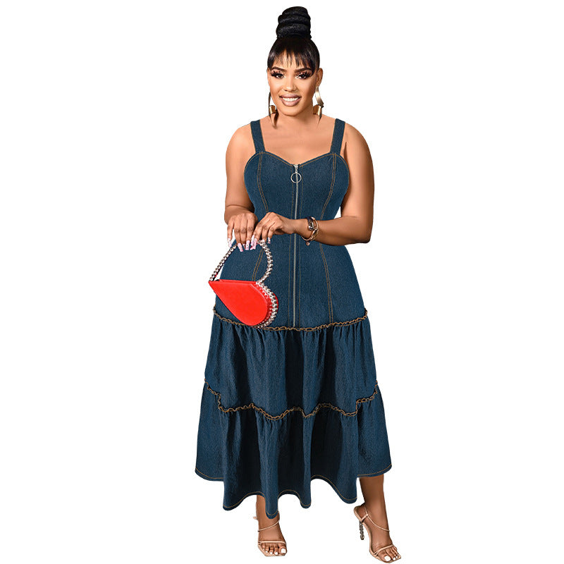 FZ Women's Plus Size Sleeveless Collarless Sling Long Denim Dress Dermal